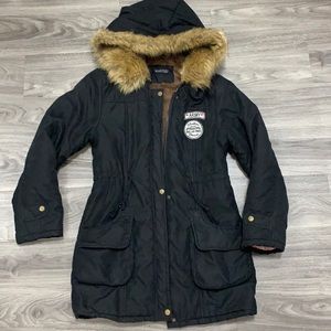 Army style winter coat black fake fur